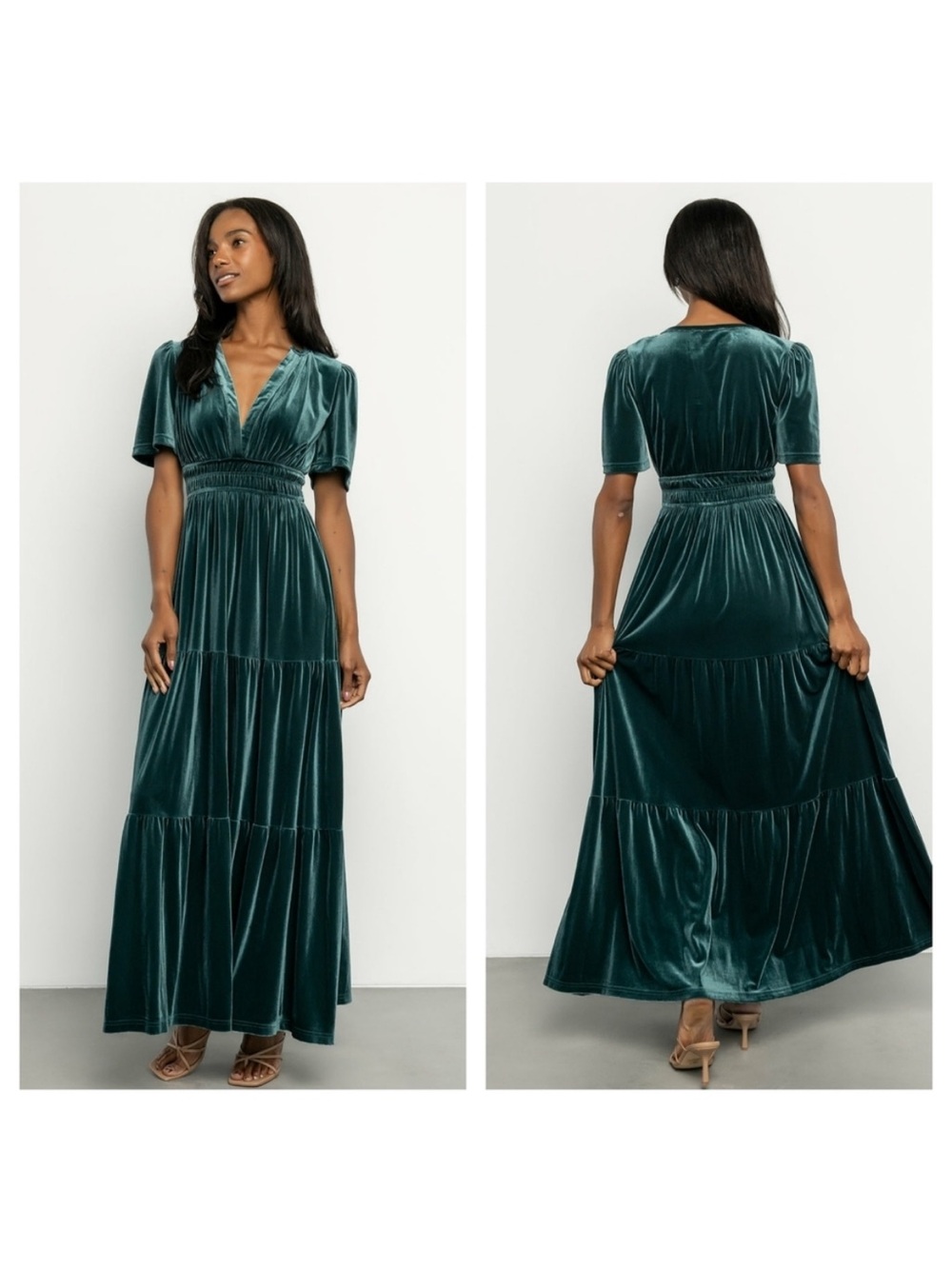 Baltic Born Artemis Velvet Deep Teal Tiered Maxi Dress with V-Neck